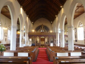 View of the interior of a church looking towards the altar